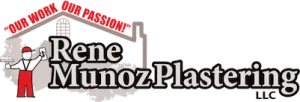 Rene Munoz Plastering, is a stucco remediation, stucco, siding, stone, exterior painting and basement waterproofing company, the logo shows a man applying plastering in a wall