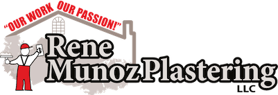 Rene Munoz Plastering, is a stucco remediation, stucco, siding, stone, exterior painting and basement waterproofing company, the logo shows a man applying plastering in a wall